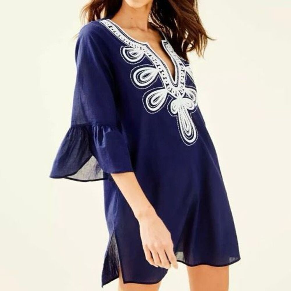 Lilly Pulitzer Piet Embroidered Beach Cover Up Tunic Navy Blue